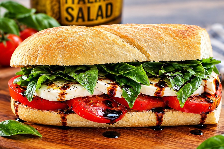Caprese sandwich with fresh mozzarella, tomato and basil